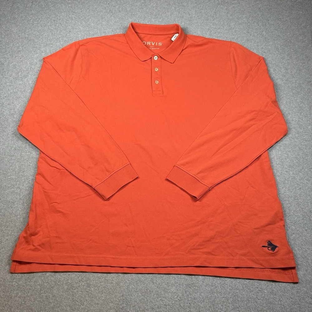 Orvis Long Sleeve Polo Shirt Mens XXL Orange Stretch Cotton Fishing Logo